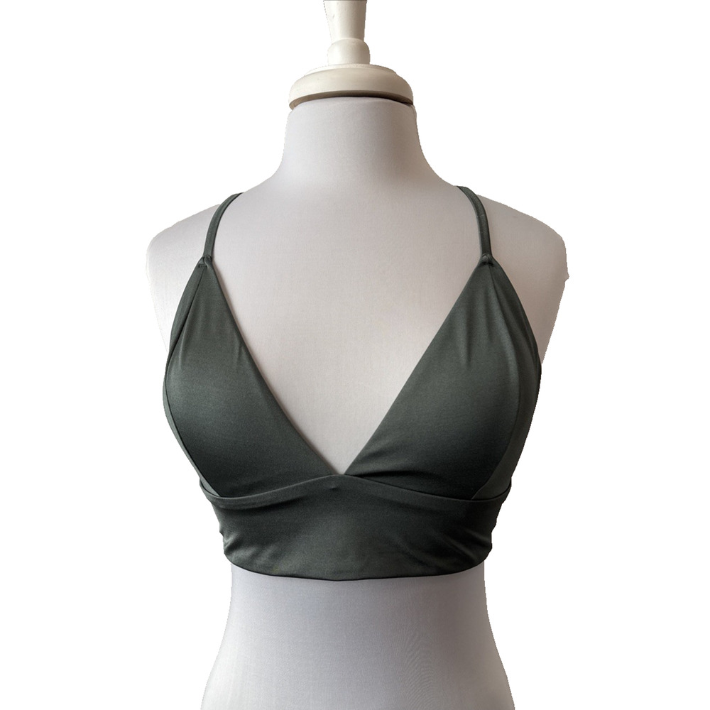 H&M Womens 18 Sexy Boho Padded Satin Olive Green Plunge Bikini Top Beach Swim
